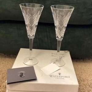 Waterford Crystal Wedding Heirloom Heart Flute Champagne Glasses Pair
